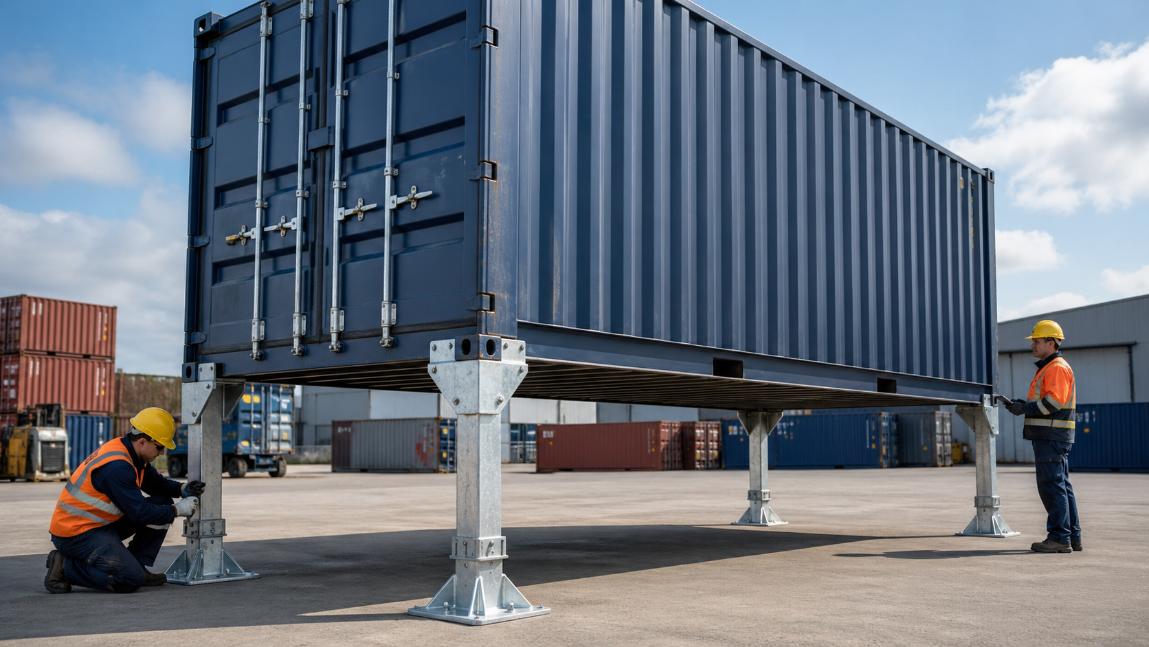 Container steht auf stabilen Containerstützen, während zwei Arbeiter die sichere Montage und Ausrichtung auf einem Betriebshof prüfen.