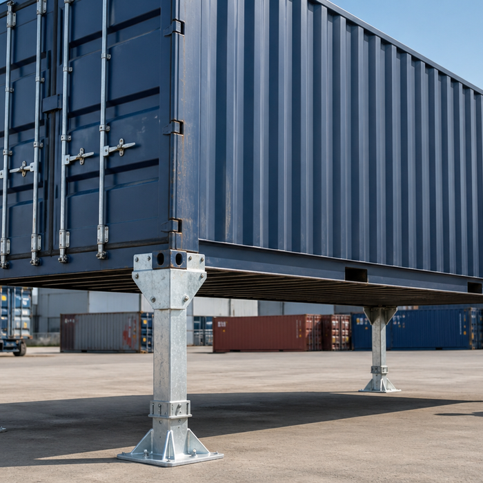 Container steht auf stabilen Containerstützen, während zwei Arbeiter die sichere Montage und Ausrichtung auf einem Betriebshof prüfen.