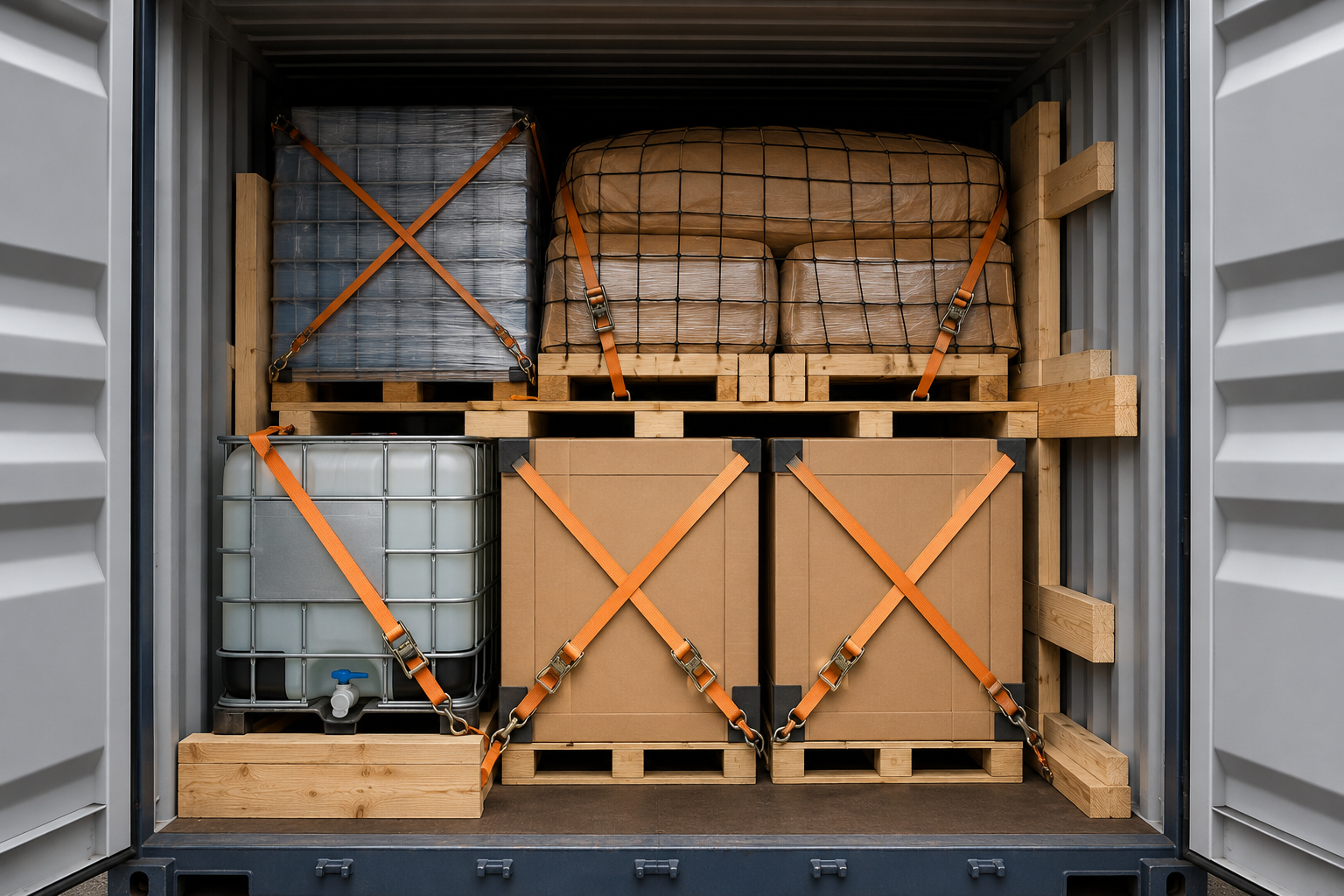 Beladener Container mit Paletten, Kartons, IBC-Behälter und Zurrgurten zur Ladungssicherung