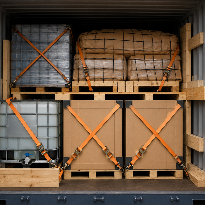 Beladener Container mit Paletten, Kartons, IBC-Behälter und Zurrgurten zur Ladungssicherung