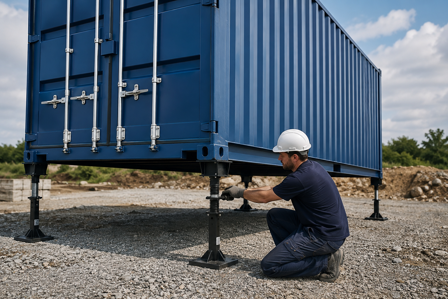Blauer Seecontainer auf Nivellierstützen, während ein Arbeiter eine Stütze justiert