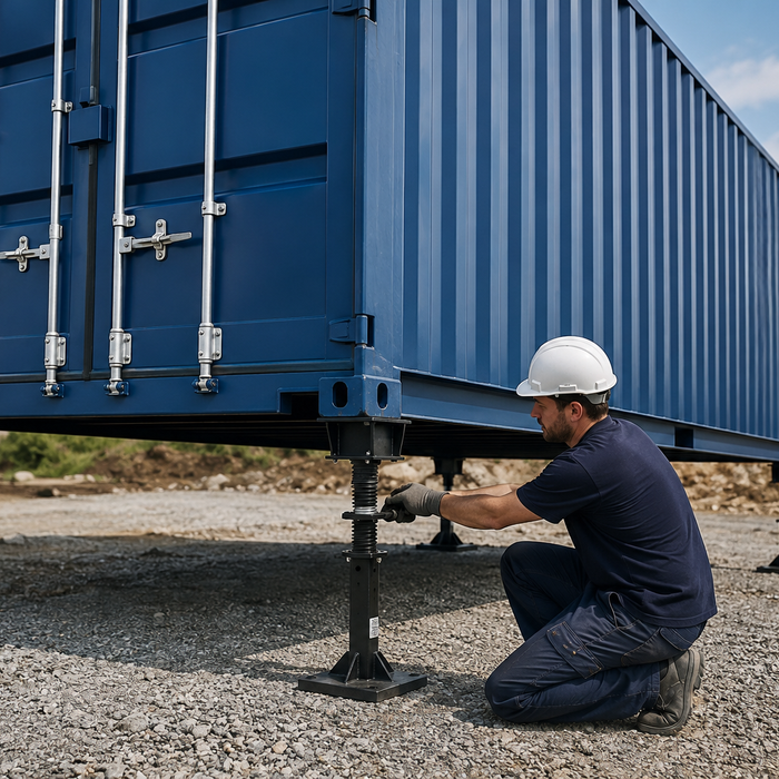 Blauer Seecontainer auf Nivellierstützen, während ein Arbeiter eine Stütze justiert