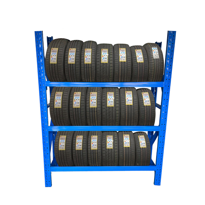 Reifenregal 300kg Traglast blau Frontansicht 3 Ebenen mit Reifen
