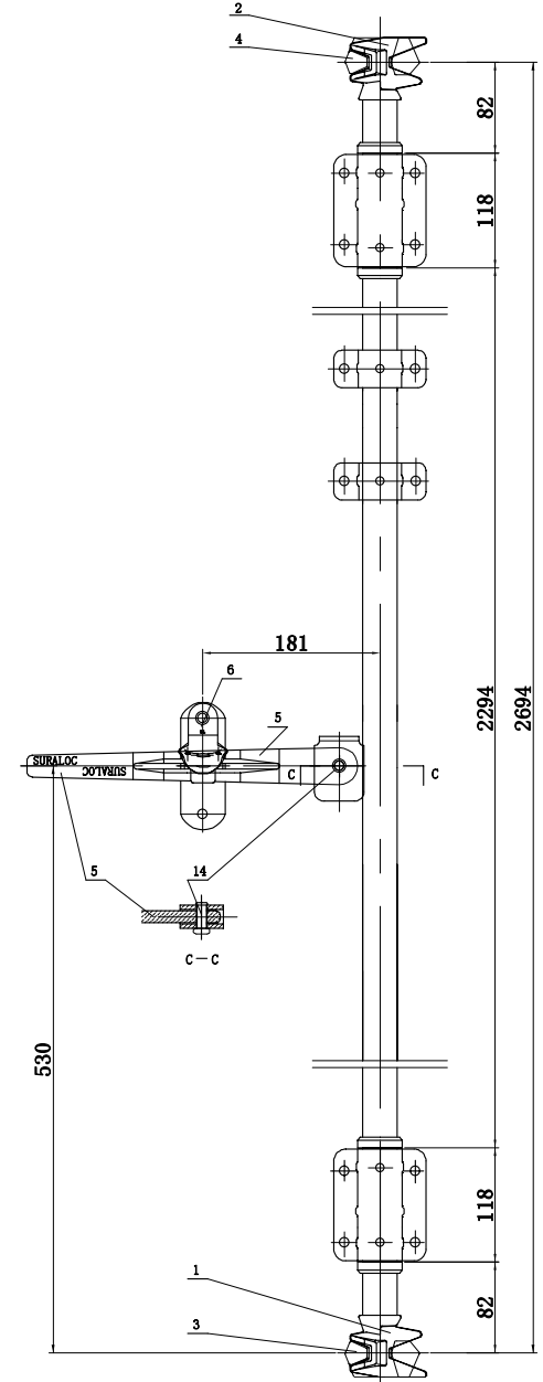 Tuerstange HC 2694 mm Griff links technische Zeichnung